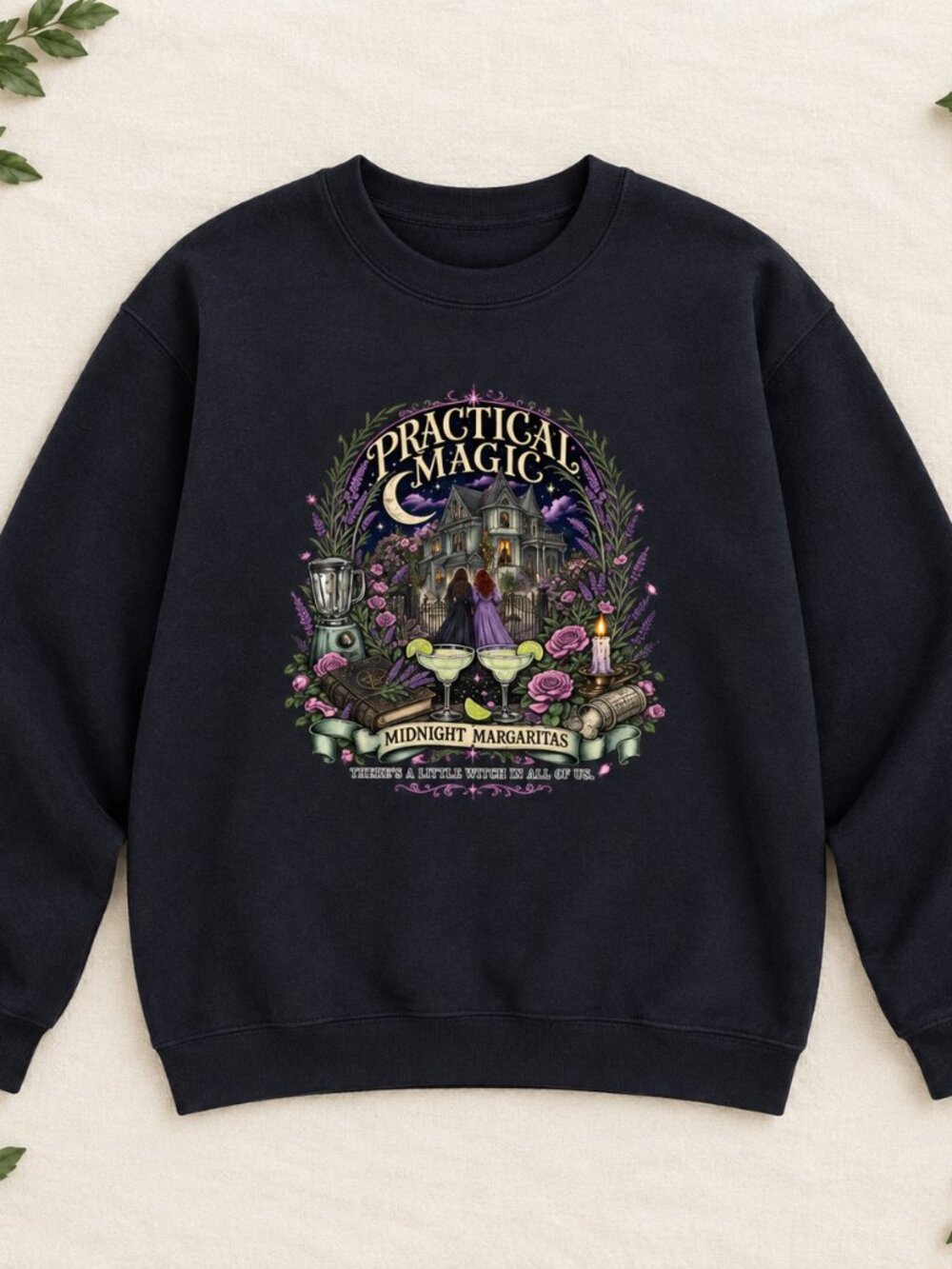 Midnight Margaritas Witchy Sweatshirt Black Halloween Lavender Roses Crewneck